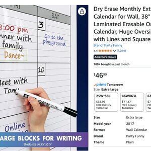 Dry Erase Monthly Extra Large White board Calendar for Wall, 38" by 50", Jumbo